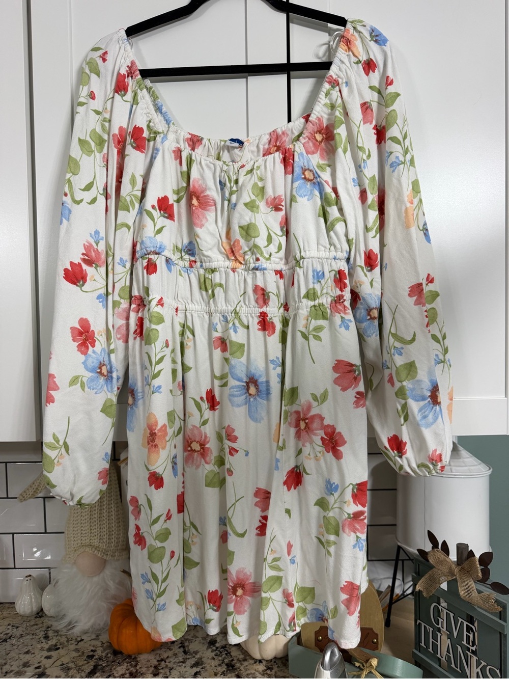 Old Navy White Floral Peasant Dress with Red, Blue & Green Accents